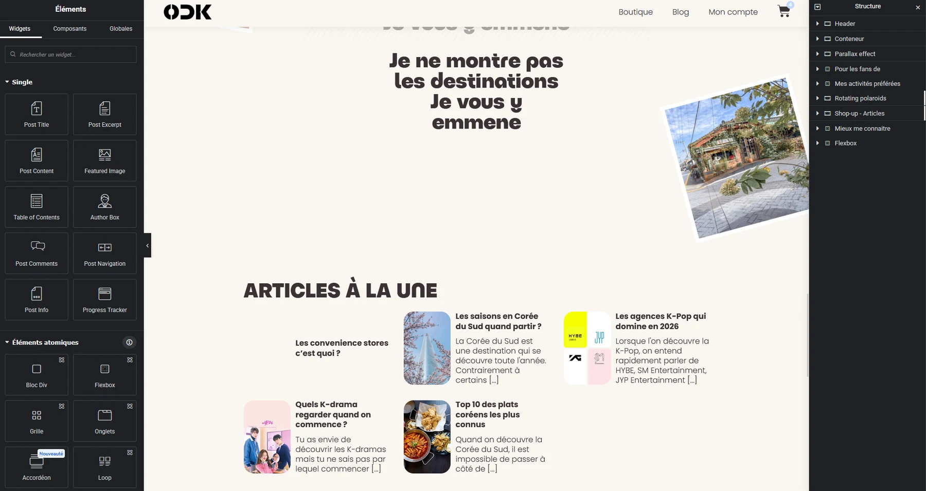 L’éditeur Elementor utilisé pour la page d’accueil ODKorea