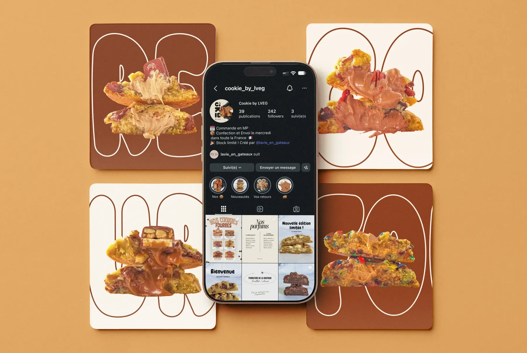 Le compte Instagram cookie_by_lveg sur un téléphone, entouré de visuels de cookies aux couleurs de la marque