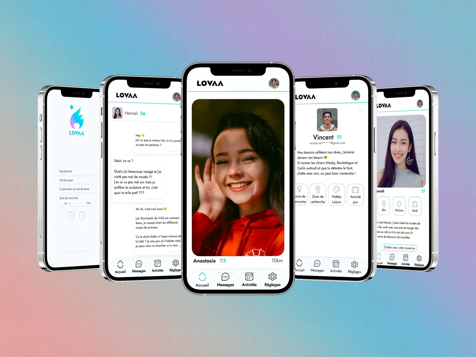 Cinq écrans de l’application Lovaa